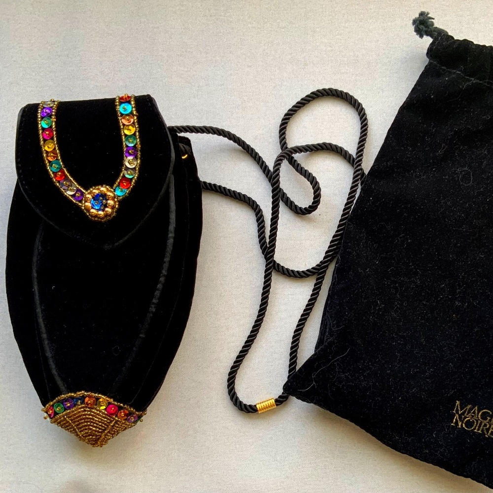 VINTAGE MAGIE NOIRE LANCÔME BLACK VELVET SEQUINED CROSSBODY EVENING BAG PURSE - Picture 1 of 9